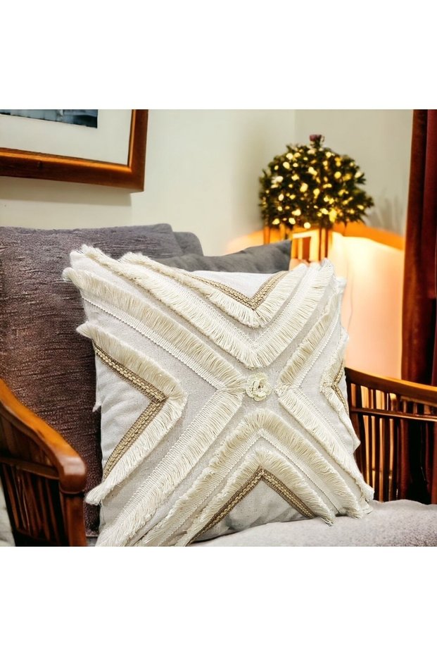 Special Design Multi-Tasseled Motif Single Linen Cream Throw Pillow Cover (43X43)