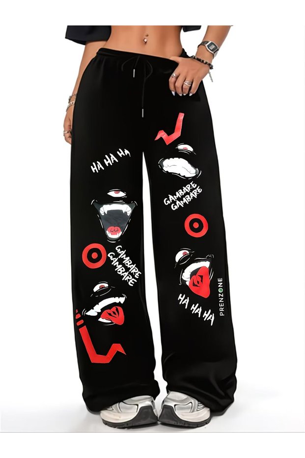Unisex Jujutsu Kaisen Gambare Printed Baggy Cut Wide Leg Sweatpants