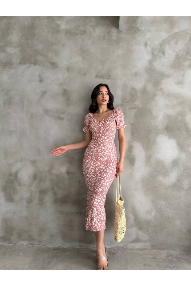 Summer Floral Print Watermelon Sleeve Slit Detail Dress