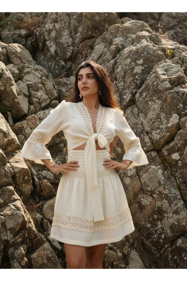 Andalusian Lace Detailed Crop Tied Bohemian Muslin Mini Dress