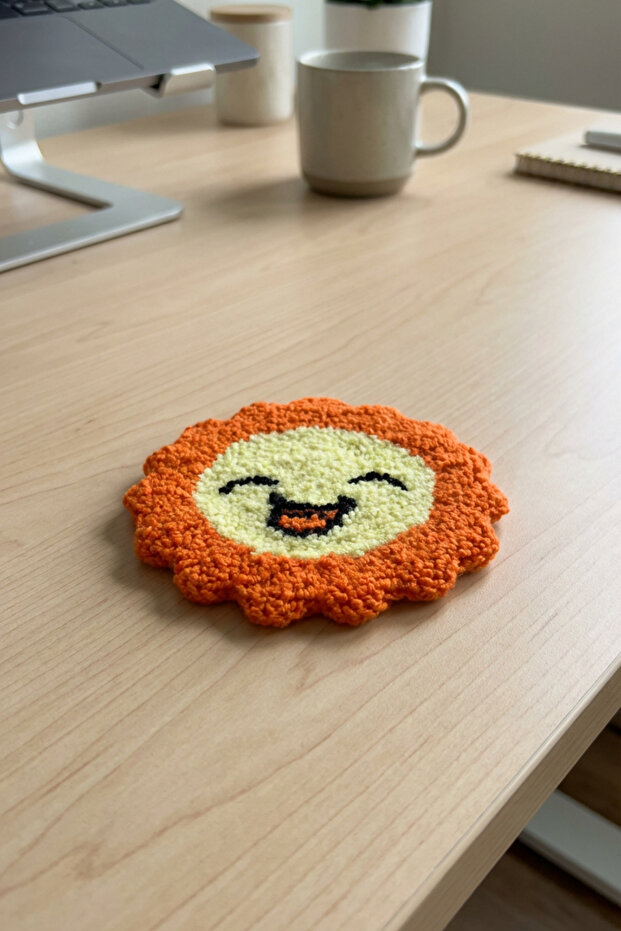 Handmade Smiling Sun Figured Punch Coaster Decorative Special Design Handcrafted Textile Product