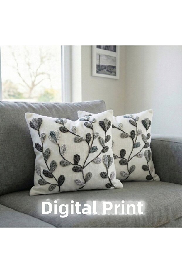 Punch Embroidery Pattern 3D Digital Printed Floral Pattern Punch Patterned Gray Themed 2-Piece Throw Pillow Cover