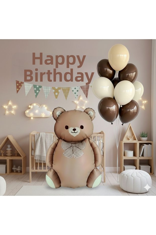 Brown Teddy Bear Foil Balloon Happy Birthday Banner Pennant Set of 10 Latex Balloons