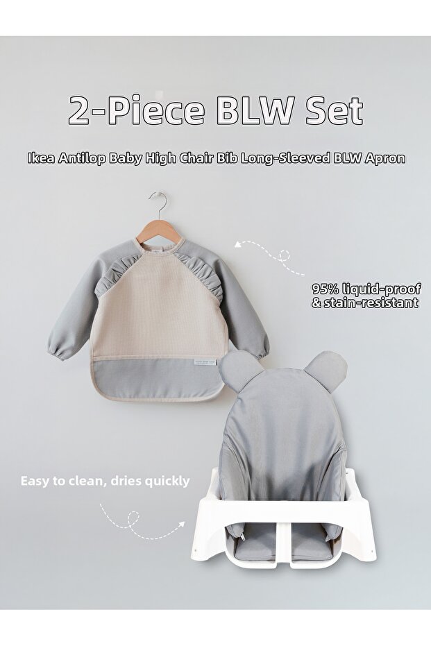 2-Piece Blw Feeding Set - Baby High Chair Cushion and Long Sleeve Bib Set - Gray