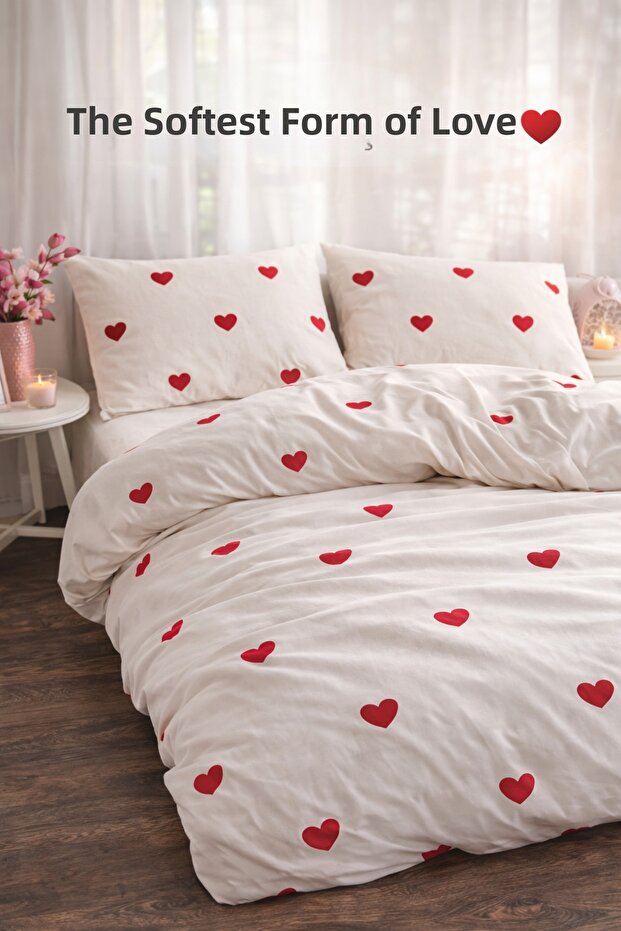 Single Heart Patterned Duvet Cover Set Fitted Sheet Piece Soft-Textured Breathable Duvet Cover Set