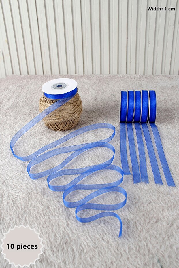 10 Pieces of Cobalt Blue Organza Tulle Ribbon 1 cm 22 Meters - Bundle, Wedding, Engagement, Dowry, Gift, Decoration Party
