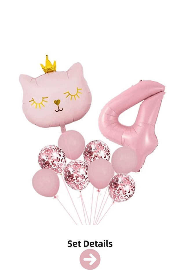4 Year Old Retro Pink Cat Confetti Themed Balloon Set Decoration