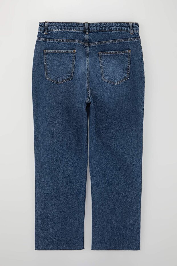 Mavi Paçası Kesikli Yüksek Bel %100 Pamuk Non-Stretch Straight Fit Jeans TBBAW26CJ00039 - 5