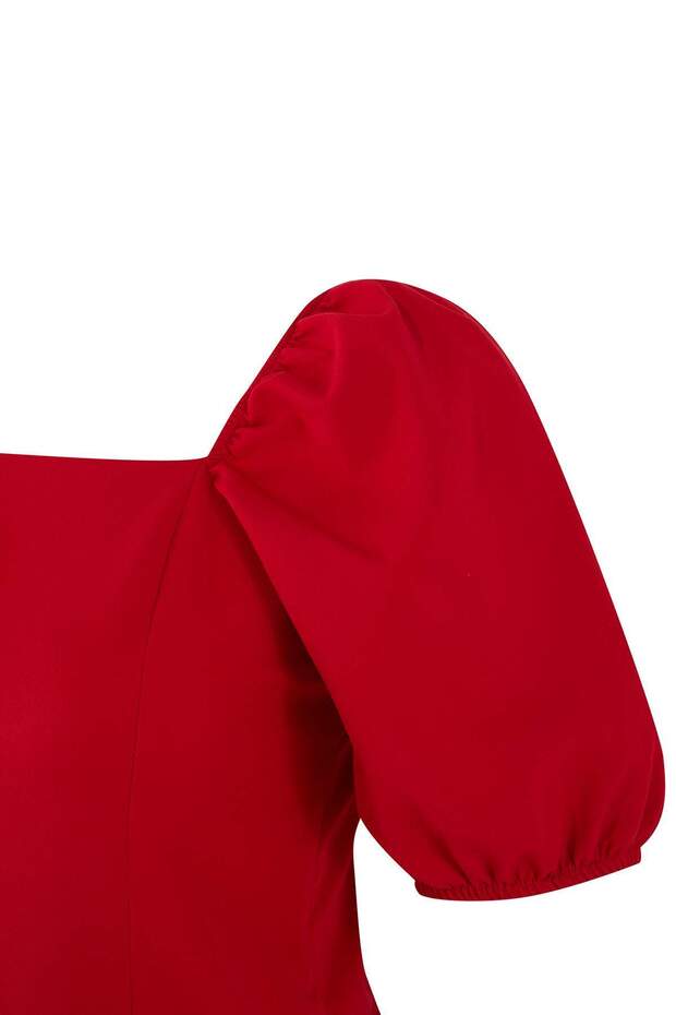 Kırmızı Kare Yaka Balon Kol Düğme Detaylı Dokuma Büyük Beden Bluz TBBSS25AF00065 - 4