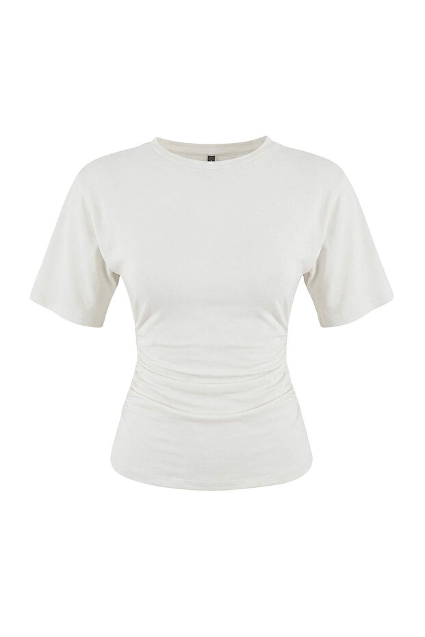 Wardrobe Essentials-Ekru Fitted/Vücuda Oturan Kısa Kollu Esnek Örme T-Shirt TWOSS26TS00052 - 5