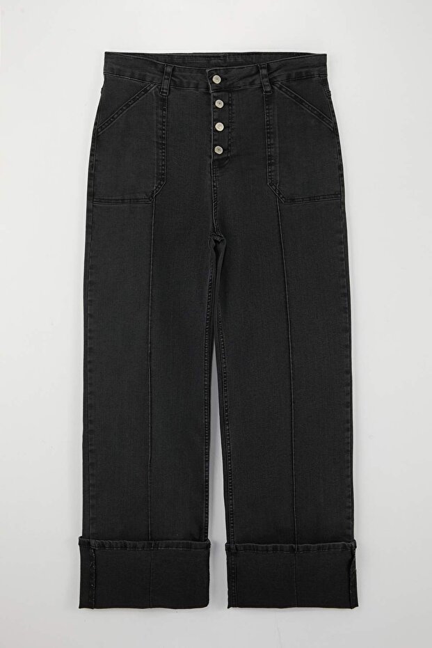 Antrasit Yüksek Bel Duble Paça Comfort/Esnek İnce Kumaş Straight Fit Jeans TBBSS26CJ00009 - 6