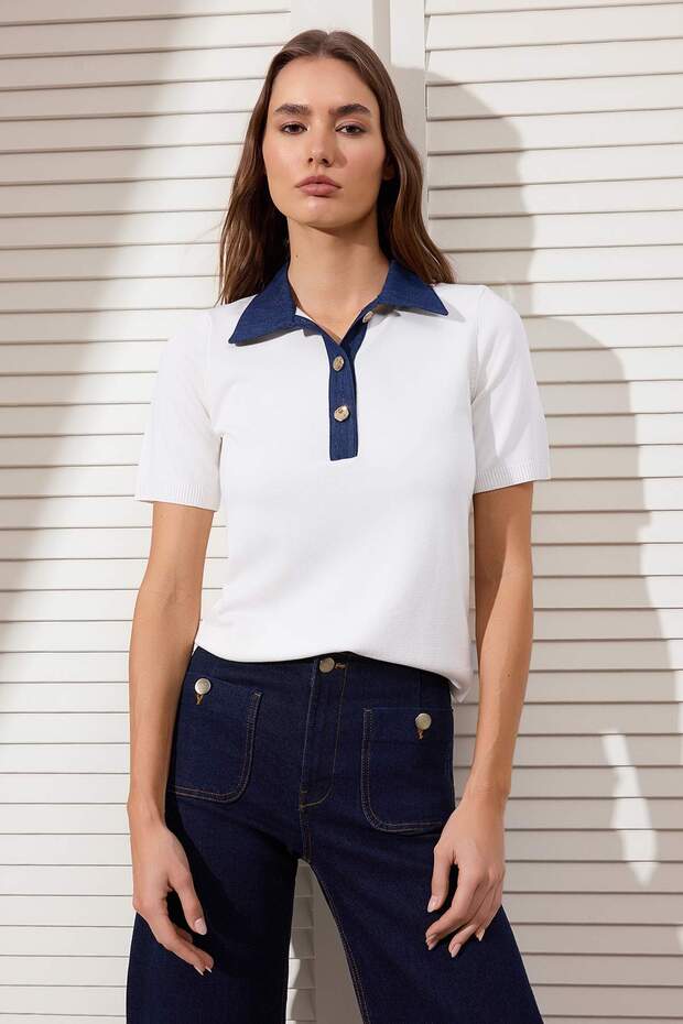 Ekru Denim Garnili Polo Yaka Triko Bluz TWOSS26BZ00290 - 1