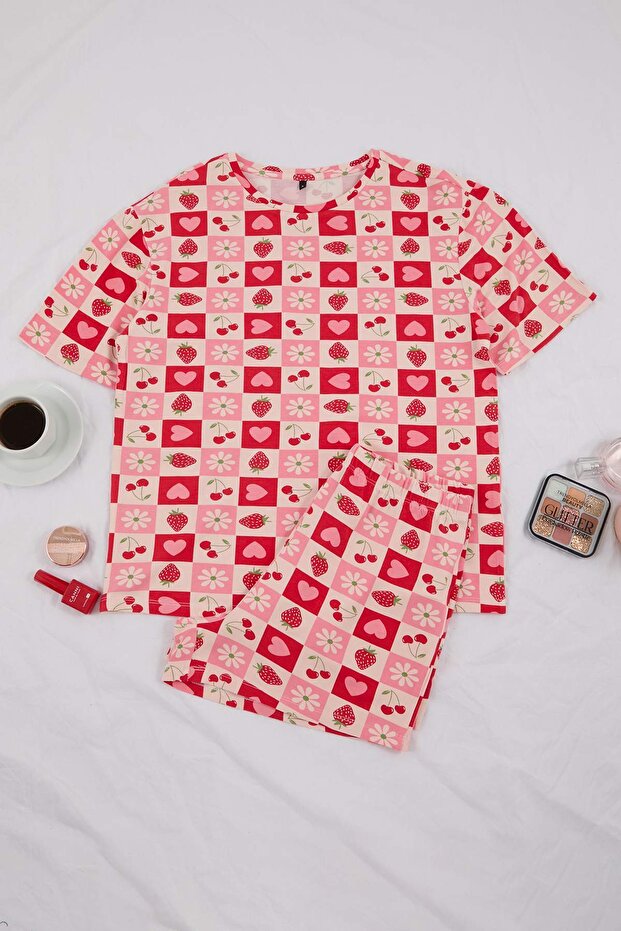 Teen Pembe-Çok Renkli %100 Pamuklu Kalp ve Meyve Baskılı Örme Pijama Takımı THMSS26PT00048 - 5
