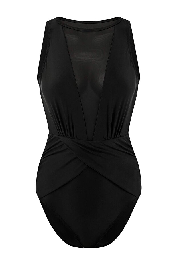 Siyah Halter Yaka Kaplı Mesh Detaylı Regular Mayo TBESS26MA00027 - 6