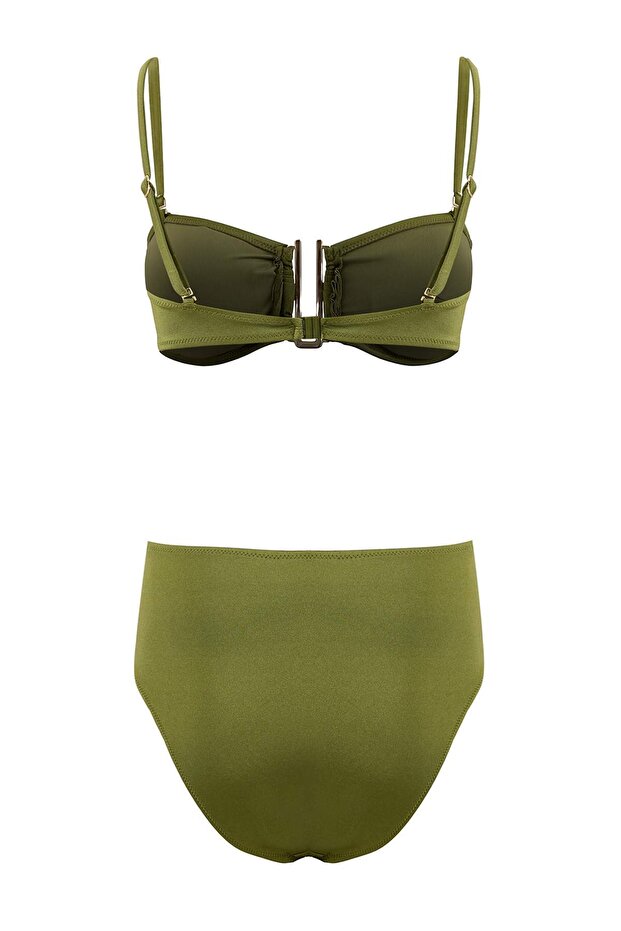 Haki Straplez Kaplı Aksesuar Detaylı Yüksek Bel Regular Bikini Takımı TBESS26BT00026 - 6