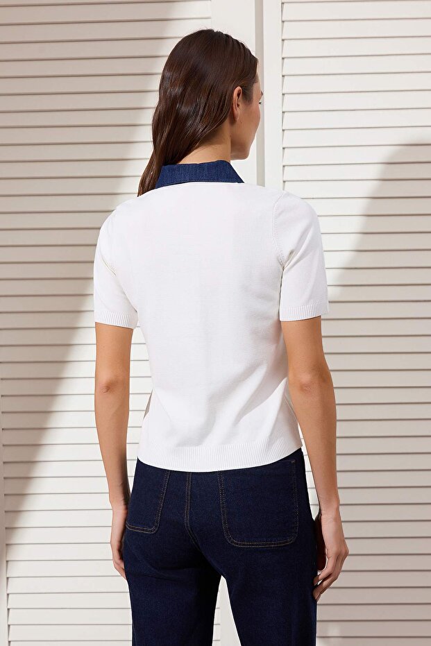 Ekru Denim Garnili Polo Yaka Triko Bluz TWOSS26BZ00290 - 4