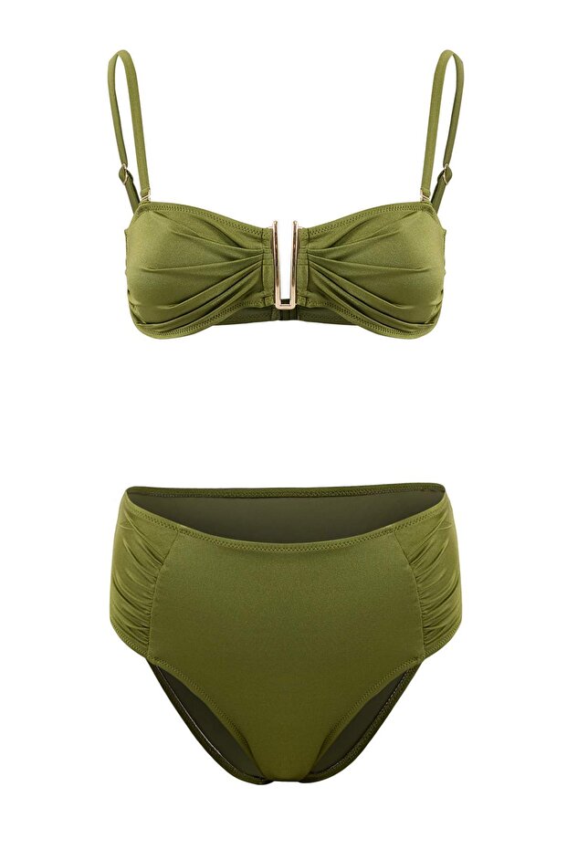 Haki Straplez Kaplı Aksesuar Detaylı Yüksek Bel Regular Bikini Takımı TBESS26BT00026 - 5