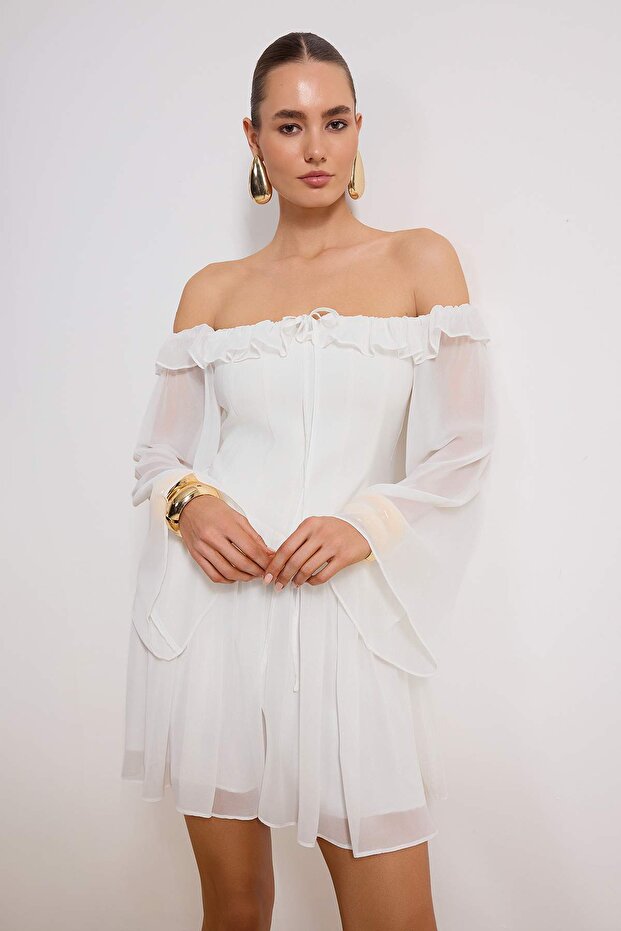Bridal Beyaz A-Kesim Volanlı Şifon Boho Düğün/Nikah Abiye Uçuş Uçuş Mezuniyet Elbise TPRSS23EL00096 - 2