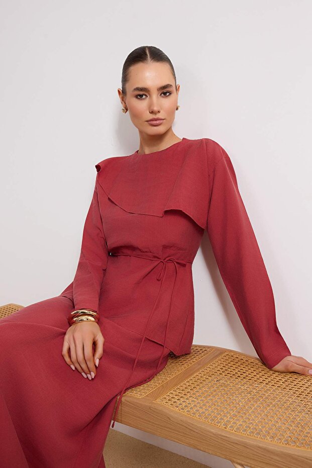 Bordo More Sustainable Tencel Kumaş Tek Parça Dokuma Tesettür Elbise TCTSS26EB00031 - 2