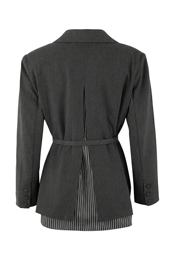 Limited Edition Antrasit Kemerli Arkası Çizgili Dokuma Astarlı Vatkalı Blazer Ceket TWOSS26BC00027 - 9