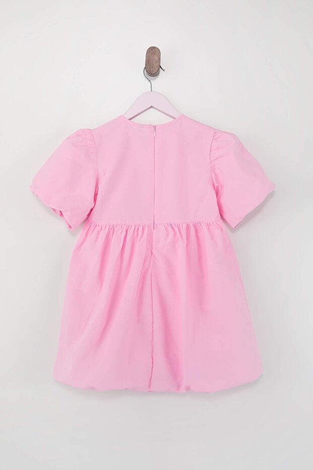 Pembe Fiyonk Detaylı Kız Çocuk Kısa / Mini Düz Dokuma Elbise TKDSS26EL00004 - 5