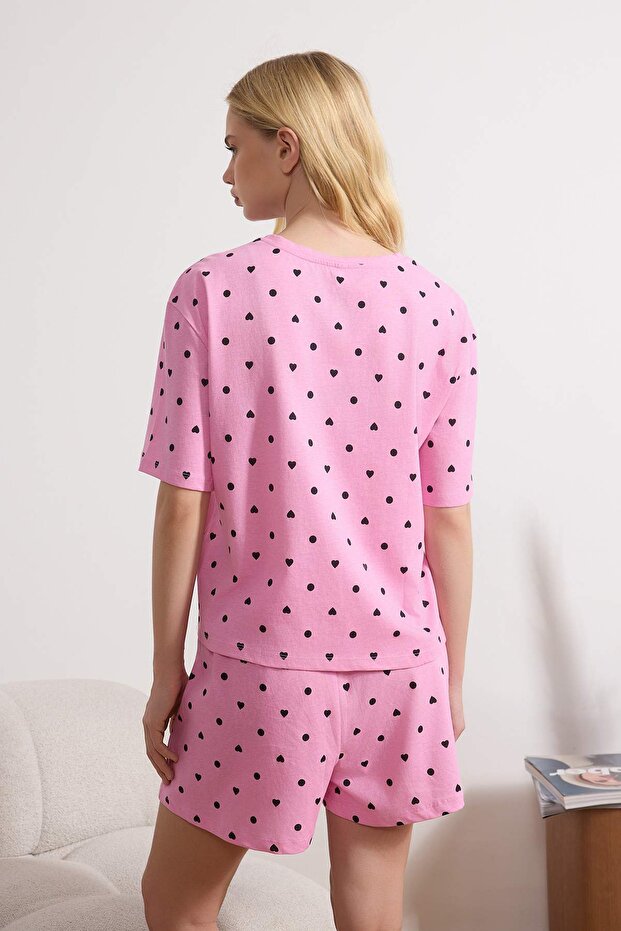Pembe %100 Pamuklu Kalp Desenli Şortlu Örme Pijama Takımı THMSS21PT1485 - 4