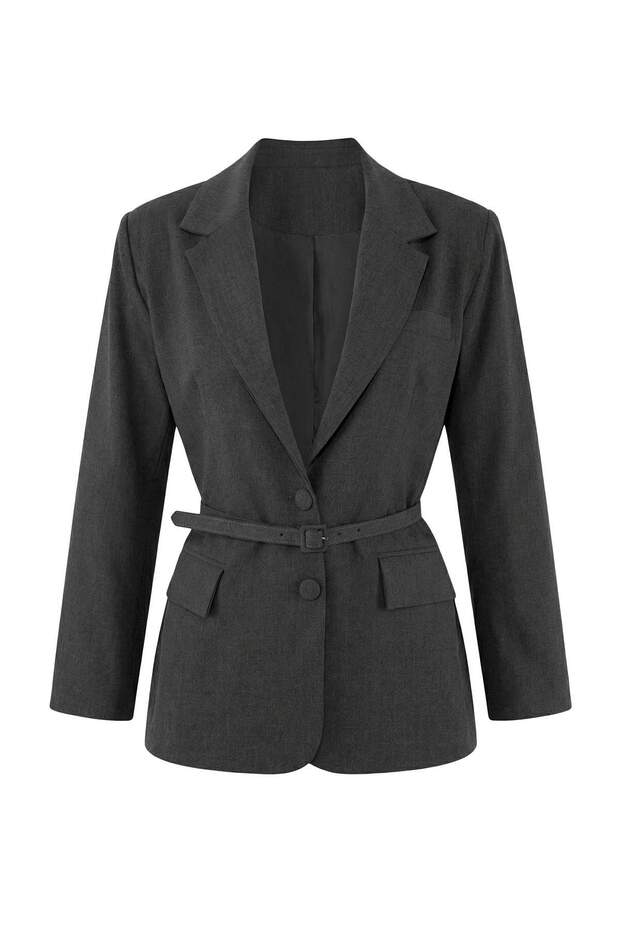 Limited Edition Antrasit Kemerli Arkası Çizgili Dokuma Astarlı Vatkalı Blazer Ceket TWOSS26BC00027 - 8