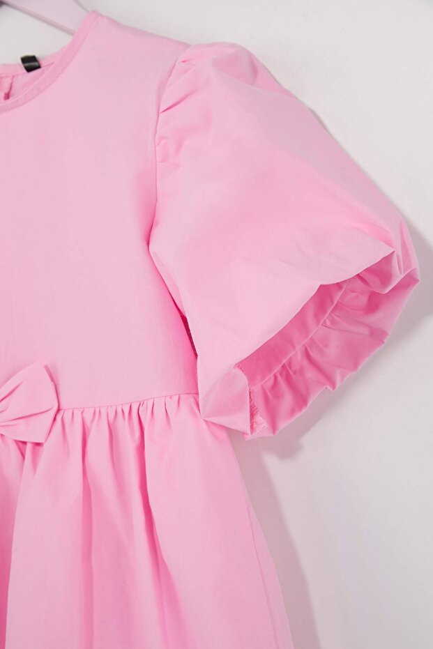Pembe Fiyonk Detaylı Kız Çocuk Kısa / Mini Düz Dokuma Elbise TKDSS26EL00004 - 4