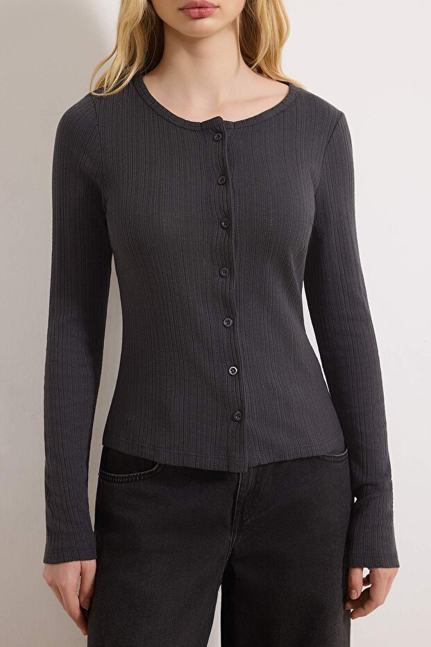 Wardrobe Essentials-Antrasit Fitted/Vücuda Oturan Düğmeli Uzun Kollu Örme Bluz TWOSS26BZ00246 - 3