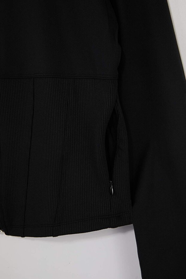 Siyah Fırçalı Soft Kumaş Baş Parmak Delikli Büyük Beden Spor Ceket/Sweatshirt TBBSS26AG00009 - 7