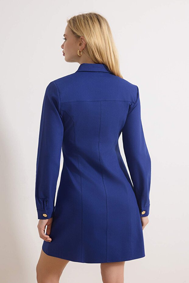 Lacivert Gold Düğme Detaylı Gabardin Kısa / Mini Dokuma Elbise TWOSS26EL00144 - 4