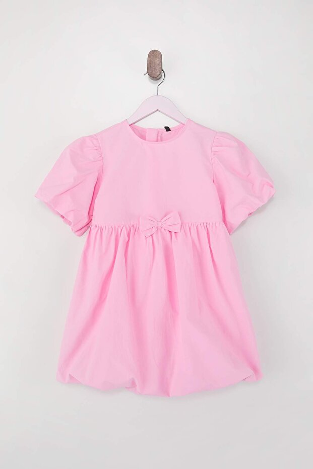 Pembe Fiyonk Detaylı Kız Çocuk Kısa / Mini Düz Dokuma Elbise TKDSS26EL00004 - 2