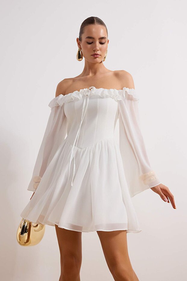 Bridal Beyaz A-Kesim Volanlı Şifon Boho Düğün/Nikah Abiye Uçuş Uçuş Mezuniyet Elbise TPRSS23EL00096 - 1