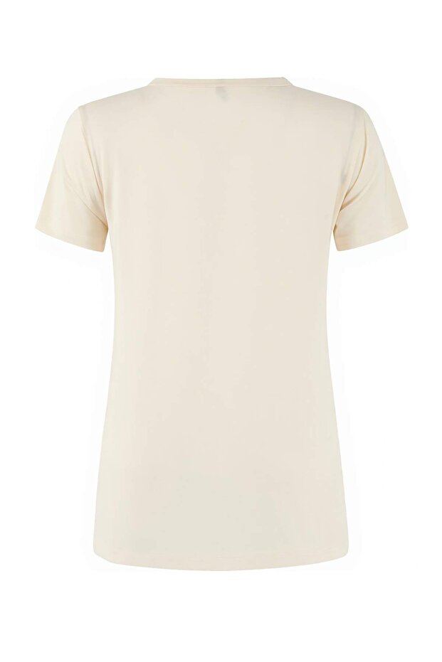 Ekru Micro Kumaş Yırtmaç Detaylı Örme Spor T-Shirt THMSS26TS00002 - 6