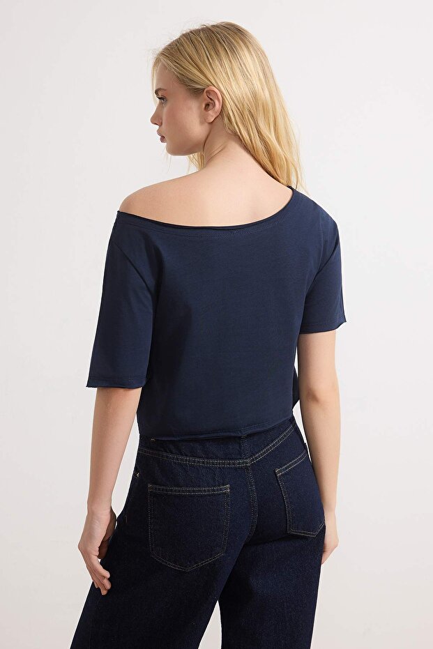 Lacivert-Gri Melanj 2'li Paket %100 Pamuk Asimetrik Kayık Yaka Crop Örme T-Shirt TWOSS25TS00194 - 4