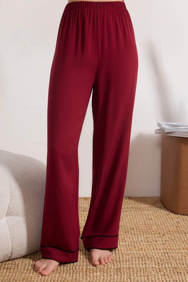 Bordo Biyeli Viskon Dokuma Pijama Takımı THMAW21PT0292 - 3