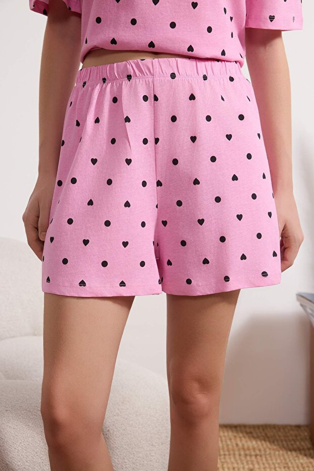 Pembe %100 Pamuklu Kalp Desenli Şortlu Örme Pijama Takımı THMSS21PT1485 - 3