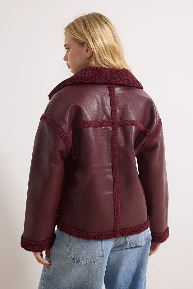Bordo Peluş Detaylı Suni Deri Biker Ceket Mont TWOAW25MO00066 - 4