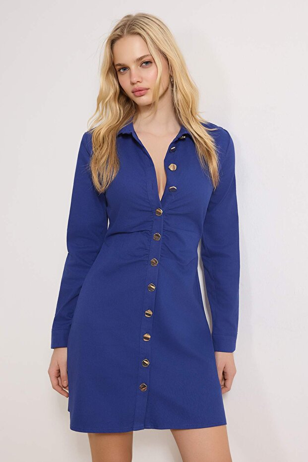 Lacivert Gold Düğme Detaylı Gabardin Kısa / Mini Dokuma Elbise TWOSS26EL00144 - 2