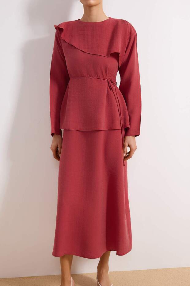 Bordo More Sustainable Tencel Kumaş Tek Parça Dokuma Tesettür Elbise TCTSS26EB00031 - 3