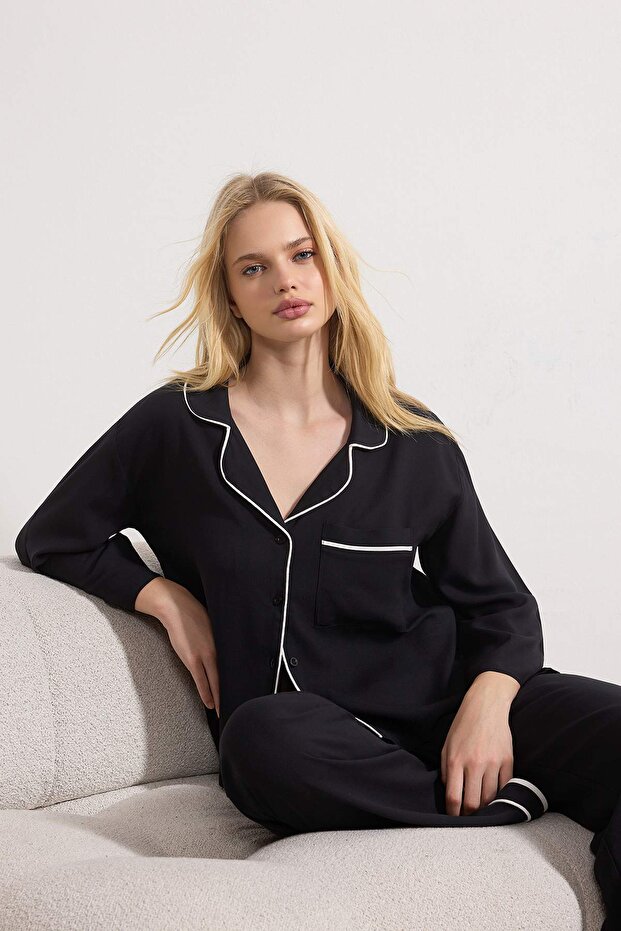 Siyah Biyeli Viskon Dokuma Pijama Takımı THMAW21PT0292 - 2