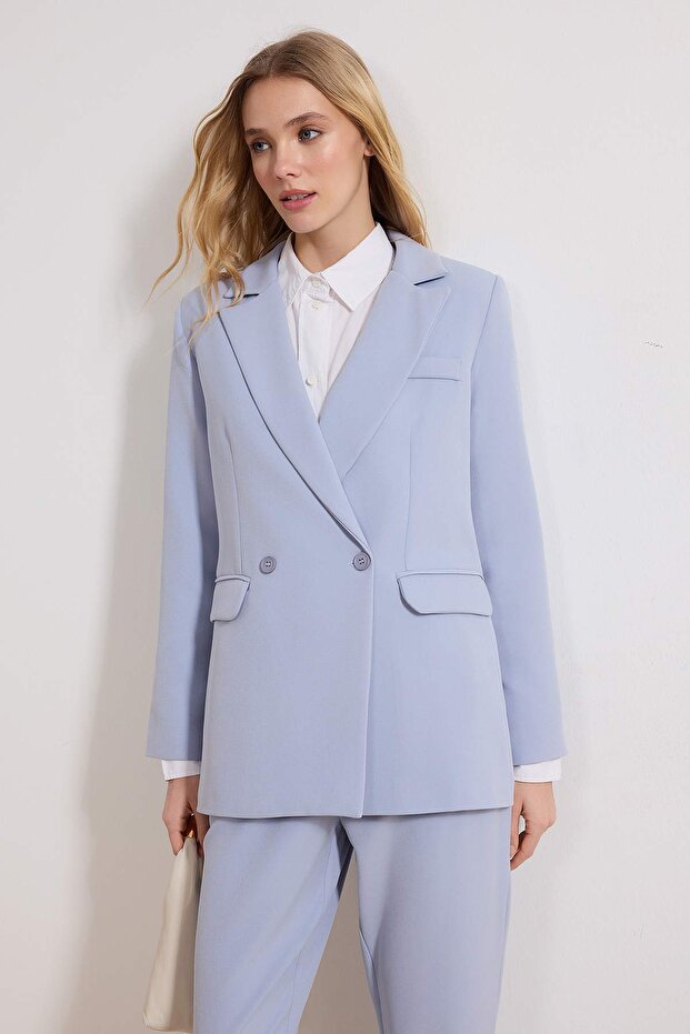 Açık Mavi Blazer Ceket-Pantolon Dokuma Alt-Üst Takım TCTAW23US00132 - 2