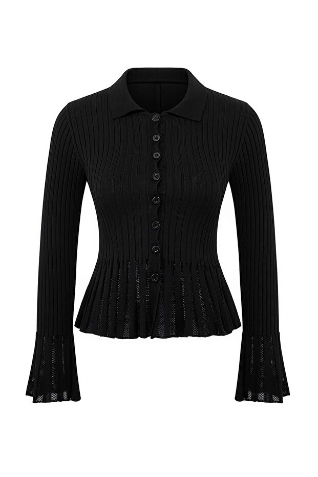 Siyah Ajur Detaylı Fitted/Vücuda Oturan Triko Hırka TWOSS26HI00006 - 5