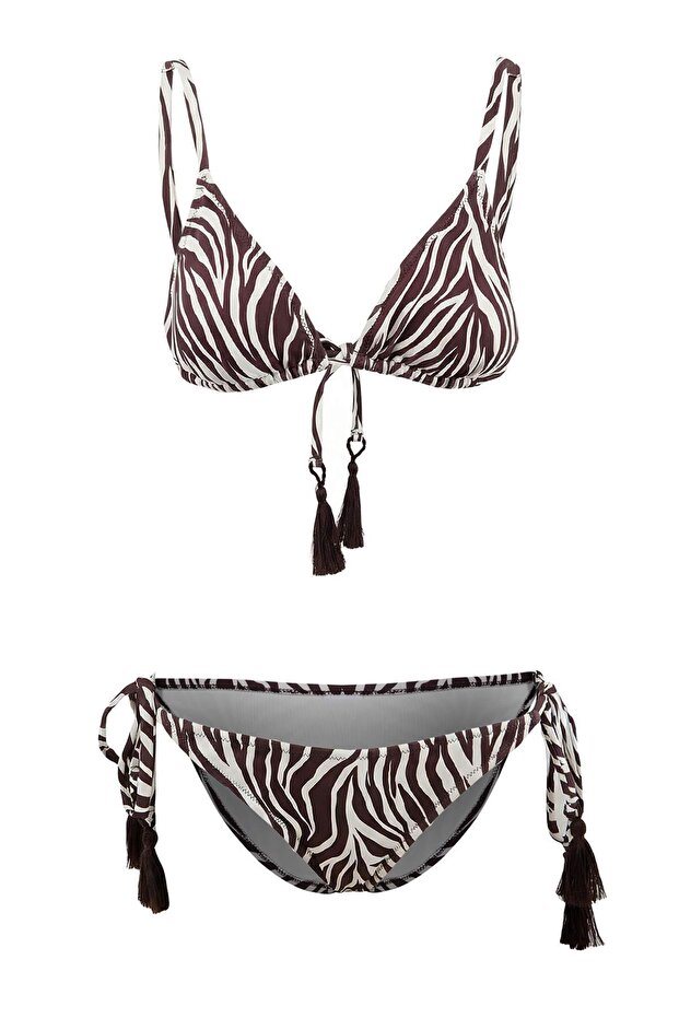 Zebra Desenli Üçgen Kaplı Püskül Detaylı Düşük Bel Regular Bikini Takımı TBESS26BT00028 - 4
