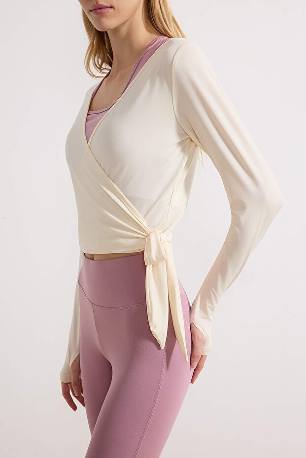 Ekru Micro Bağlamalı Kruvaze Crop Örme Spor Bluz/Bolero THMSS26BZ00002 - 3