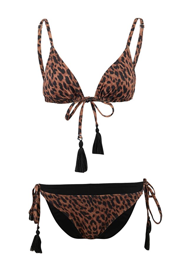 Leopar Desenli Üçgen Kaplı Püskül Detaylı Düşük Bel Regular Bikini Takımı TBESS26BT00028 - 5