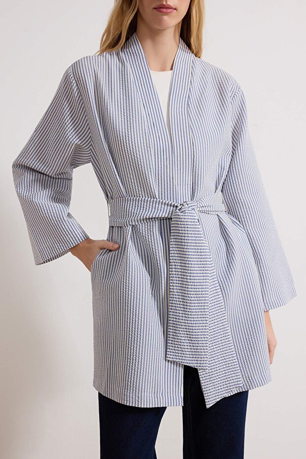 Mavi Kuşaklı Dokuma Gofre Çizgili Kimono & Kaftan TCTSS23KK00001 - 3