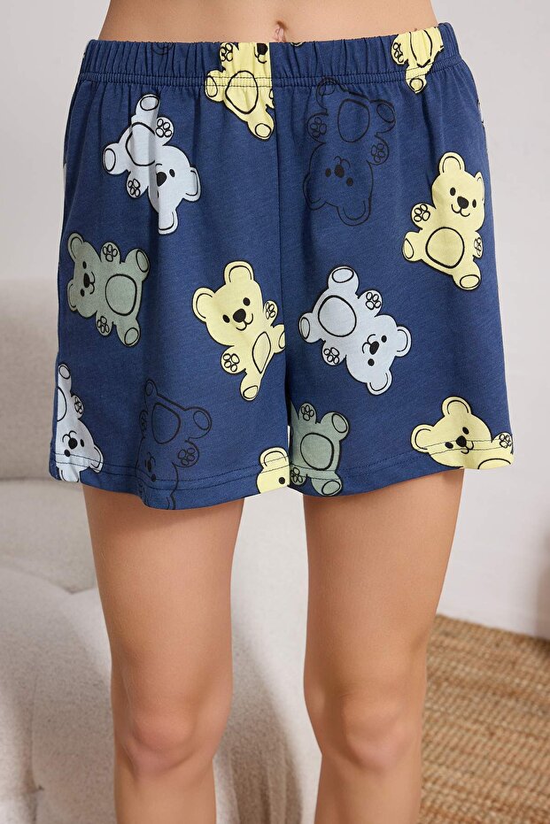 Lacivert %100 Pamuklu Ayıcıklı Şortlu Örme Pijama Takımı THMSS24PT00072 - 3