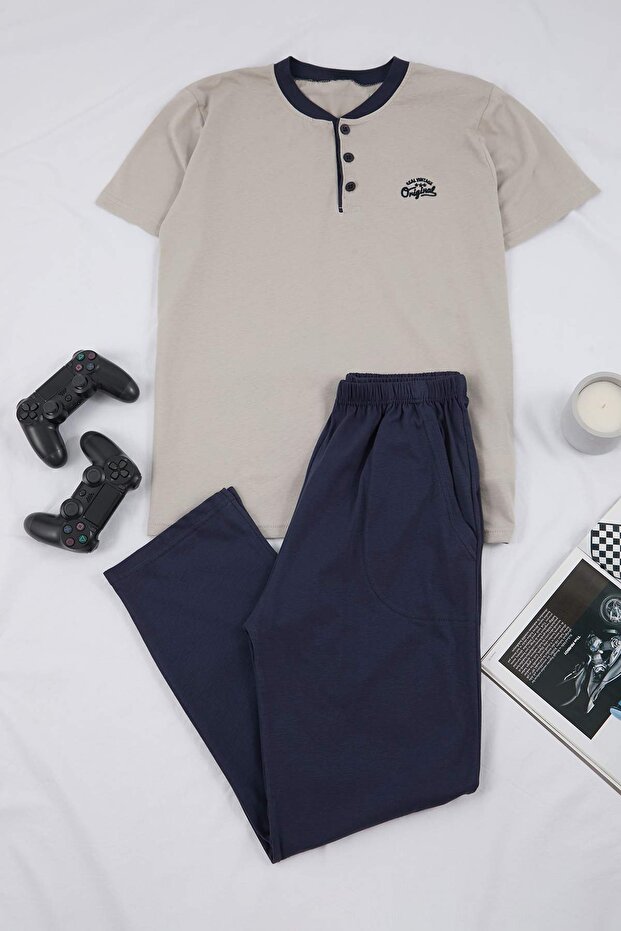 Gri Regular Düğmeli Yaka Örme Pijama Takımı TMNSS26PT00033 - 4