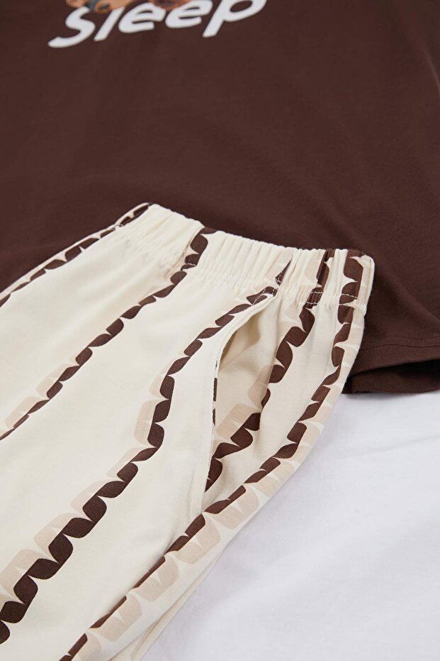 Unisex Kahverengi Regular Fit Ayıcık Baskılı Pamuklu Pijama Takımı TMNSS26PT00017 - 6